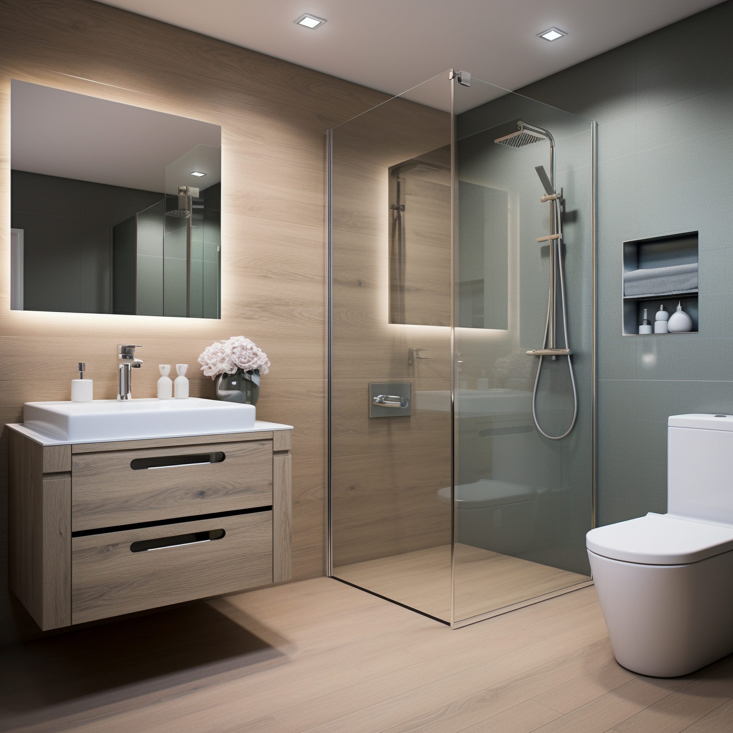 A bright and modern bathroom renovation featuring a frameless glass shower and white subway tile by International Serie's Group.